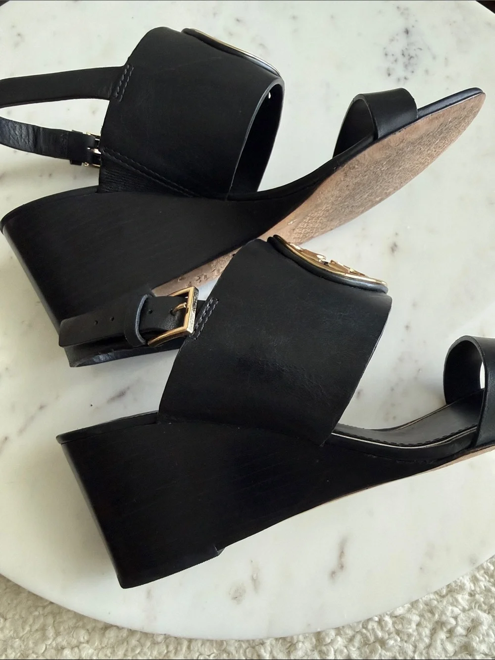 Tory Burch Miller Black Wedge Sandals with Gold Emblem Size 7.5